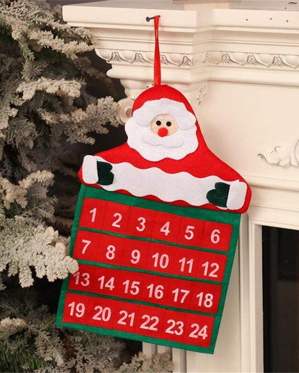 Calendar de Craciun Mos Craciun, tip decoratiune, material poliester, cu buzunarele, pentru brad sau prete