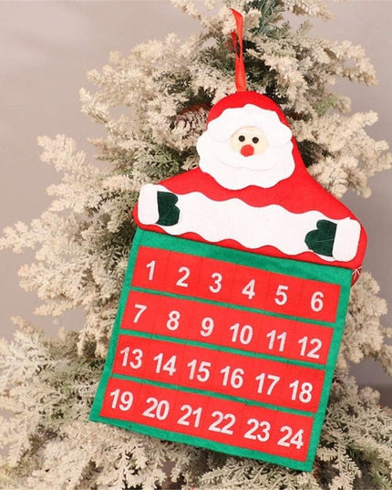 Calendar de Craciun Mos Craciun, tip decoratiune, material poliester, cu buzunarele, pentru brad sau prete