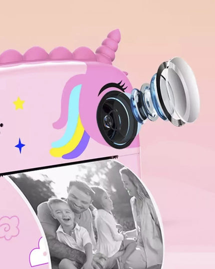 Camera Instantanee pentru Copii, Camera Frontala + Selfie, cu Functie de Printare, Cablu USB-C, Bluetooth, Compatibil iOS/Android, Model Unicorn, Snur Inclus