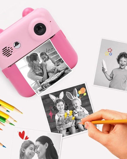 Camera Instantanee pentru Copii, cu Functie de Printare, Cablu USB-C, Bluetooth, compatibil iOS/Android, Imprimare APP, Model Urechi, Snur Subtire Inclus