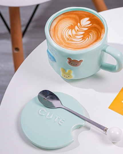 Cana ceramica, din Portelan, print Figurine Animalute, Cana penru Copii, Model CUTE, Cana cu Lingura si Capac, Ceasca pentru Cafea, Ceai, 400ml