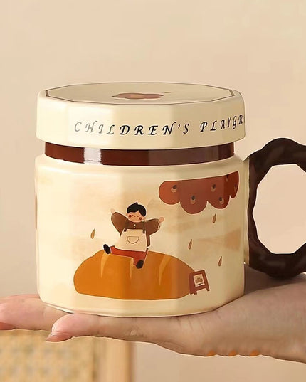 Cana din ceramica, Cana pentru Cafea, Ceai, Cana Universala, Unisex, Cana cu Capac,400 ml, Model Baietel