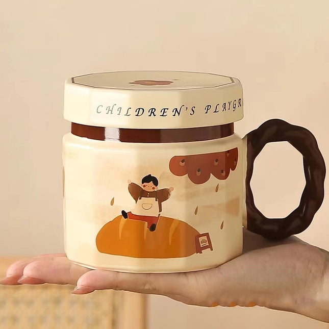 Cana din ceramica, Cana pentru Cafea, Ceai, Cana Universala, Unisex, Cana cu Capac,400 ml, Model Baietel