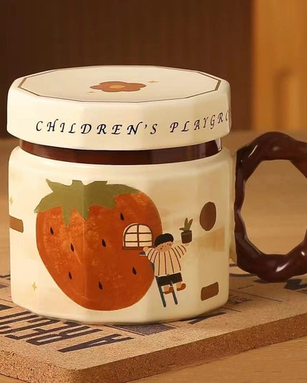 Cana din ceramica, Cana pentru Cafea, Ceai, Cana Universala, Unisex, Cana cu Capac,400 ml, Model Capsuna