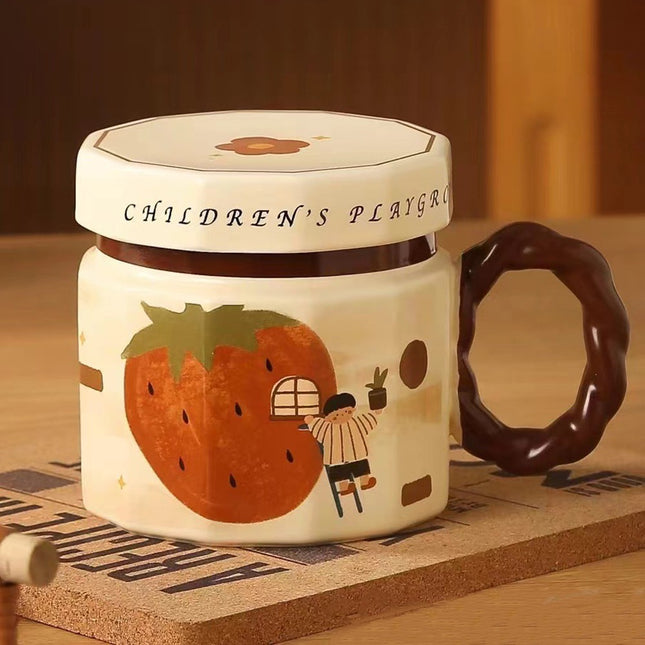 Cana din ceramica, Cana pentru Cafea, Ceai, Cana Universala, Unisex, Cana cu Capac,400 ml, Model Capsuna