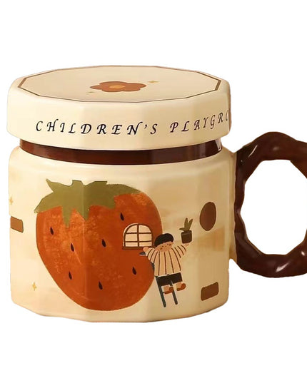 Cana din ceramica, Cana pentru Cafea, Ceai, Cana Universala, Unisex, Cana cu Capac,400 ml, Model Capsuna