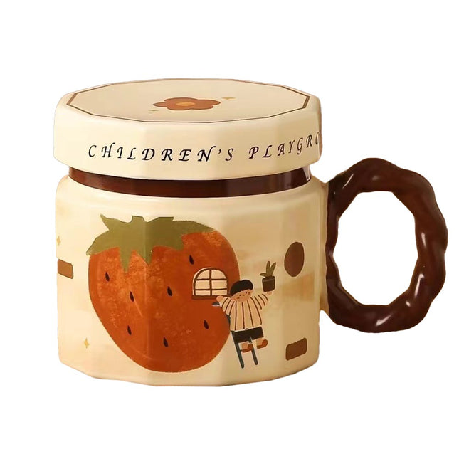 Cana din ceramica, Cana pentru Cafea, Ceai, Cana Universala, Unisex, Cana cu Capac,400 ml, Model Capsuna