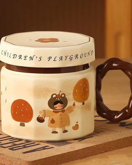 Cana din ceramica, Cana pentru Cafea, Ceai, Cana Universala, Unisex, Cana cu Capac,400 ml, Model Fetita