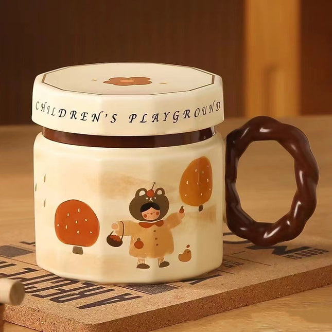 Cana din ceramica, Cana pentru Cafea, Ceai, Cana Universala, Unisex, Cana cu Capac,400 ml, Model Fetita