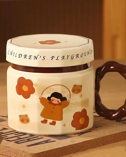 Cana din ceramica, Cana pentru Cafea, Ceai, Cana Universala, Unisex, Cana cu Capac,400 ml, Model Fetita cu Coarda