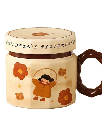 Cana din ceramica, Cana pentru Cafea, Ceai, Cana Universala, Unisex, Cana cu Capac,400 ml, Model Fetita cu Coarda