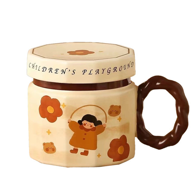 Cana din ceramica, Cana pentru Cafea, Ceai, Cana Universala, Unisex, Cana cu Capac,400 ml, Model Fetita cu Coarda