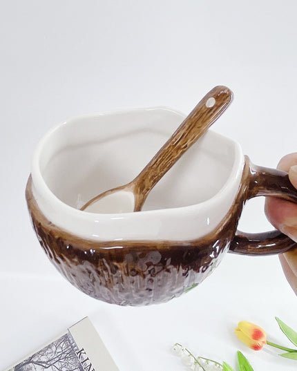 Cana din Ceramica, 201-300 ml, cu Lingurita, Model Nuca de Cocos
