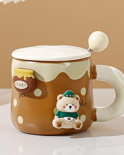 Cana din Ceramica, Model Urs pentru Baieti, Cana Universala, Cana pentru Ceai, Cana cu Lingura Metalica si Capac,400 ml