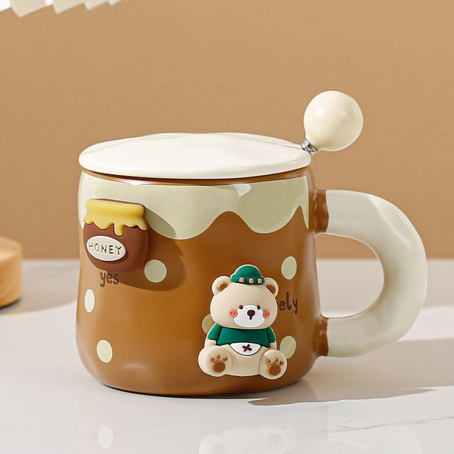 Cana din Ceramica, Model Urs pentru Baieti, Cana Universala, Cana pentru Ceai, Cana cu Lingura Metalica si Capac,400 ml