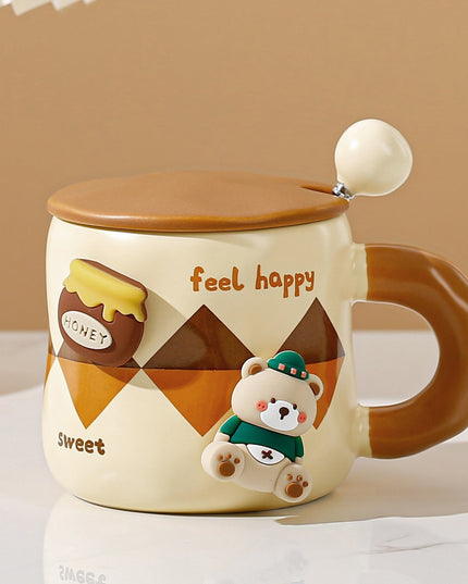 Cana din Ceramica, Model Urs pentru Baieti, Cana Universala, Cana pentru Ceai, Cana cu Lingura Metalica si Capac,400 ml