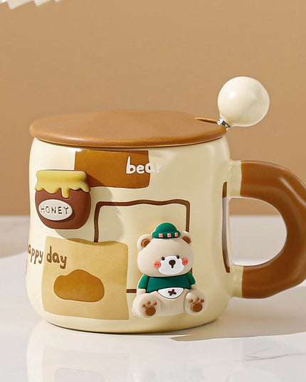 Cana din Ceramica, Model Urs pentru Baieti, Cana Universala, Cana pentru Ceai, Cana cu Lingura Metalica si Capac,400 ml