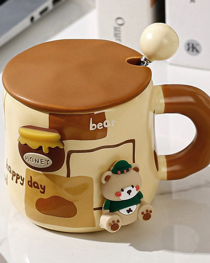 Cana din Ceramica, Model Urs pentru Baieti, Cana Universala, Cana pentru Ceai, Cana cu Lingura Metalica si Capac,400 ml