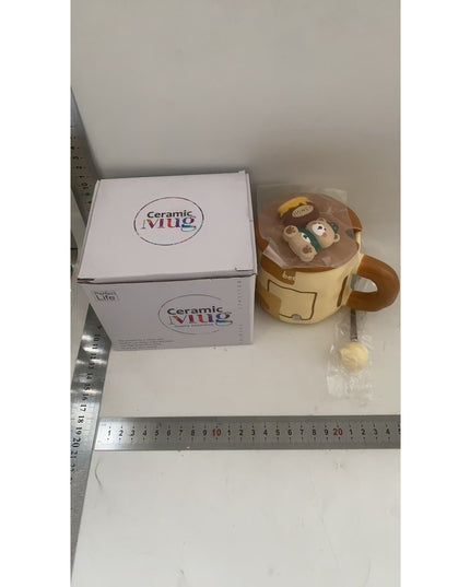 Cana din Ceramica, Model Urs pentru Baieti, Cana Universala, Cana pentru Ceai, Cana cu Lingura Metalica si Capac,400 ml