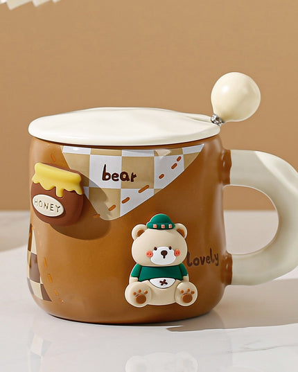 Cana din Ceramica, Model Urs pentru Baieti, Cana Universala, Cana pentru Ceai, Cana cu Lingura Metalica si Capac,400 ml