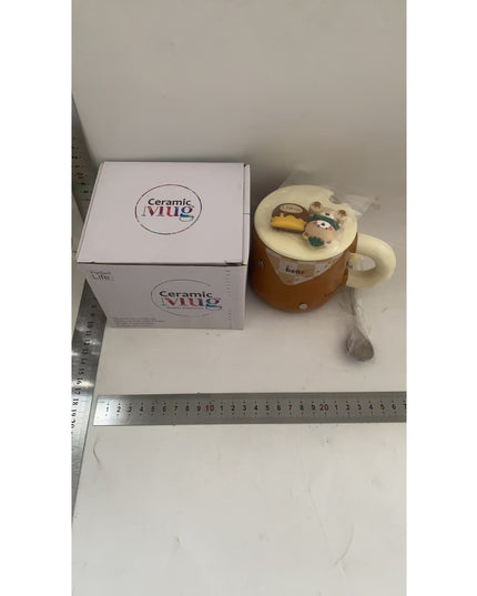 Cana din Ceramica, Model Urs pentru Baieti, Cana Universala, Cana pentru Ceai, Cana cu Lingura Metalica si Capac,400 ml