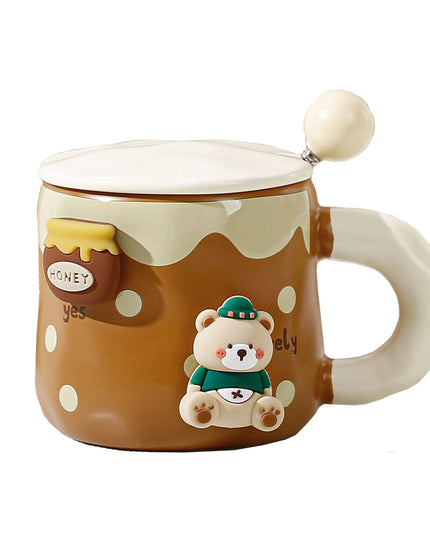 Cana din Ceramica, Model Urs pentru Baieti, Cana Universala, Cana pentru Ceai, Cana cu Lingura Metalica si Capac,400 ml