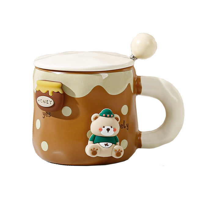 Cana din Ceramica, Model Urs pentru Baieti, Cana Universala, Cana pentru Ceai, Cana cu Lingura Metalica si Capac,400 ml