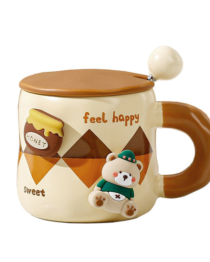 Cana din Ceramica, Model Urs pentru Baieti, Cana Universala, Cana pentru Ceai, Cana cu Lingura Metalica si Capac,400 ml