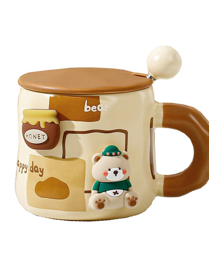 Cana din Ceramica, Model Urs pentru Baieti, Cana Universala, Cana pentru Ceai, Cana cu Lingura Metalica si Capac,400 ml
