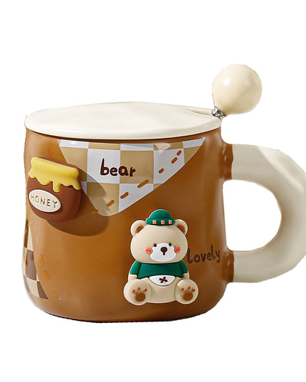 Cana din Ceramica, Model Urs pentru Baieti, Cana Universala, Cana pentru Ceai, Cana cu Lingura Metalica si Capac,400 ml
