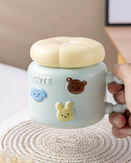 Cana pentru Copii, din Portelan, print Figurine Animalute, Model CUTE, Cana cu Capac, Ceasca pentru Cafea, Ceai, 400ml