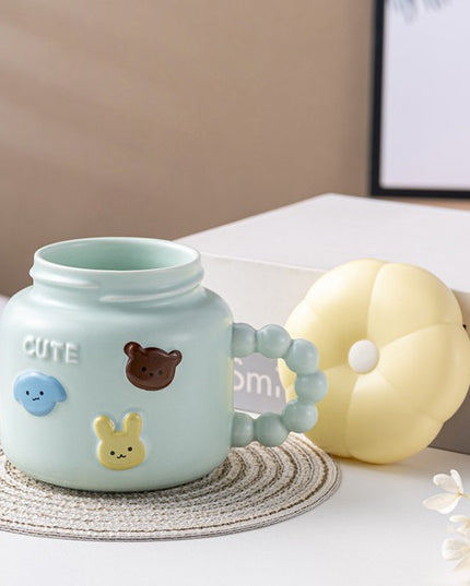 Cana pentru Copii, din Portelan, print Figurine Animalute, Model CUTE, Cana cu Capac, Ceasca pentru Cafea, Ceai, 400ml