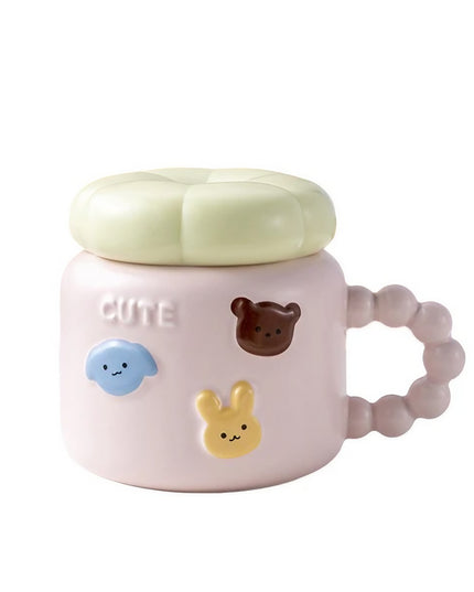 Cana pentru Copii, din Portelan, print Figurine Animalute, Model CUTE, Cana cu Capac, Ceasca pentru Cafea, Ceai, 400ml