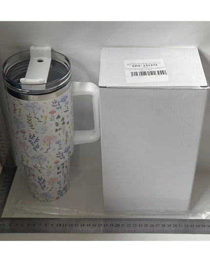 Cana Termos din Plastic, pentru Bauturi Calde si Reci, cu Maner, Imprimeu Floral
