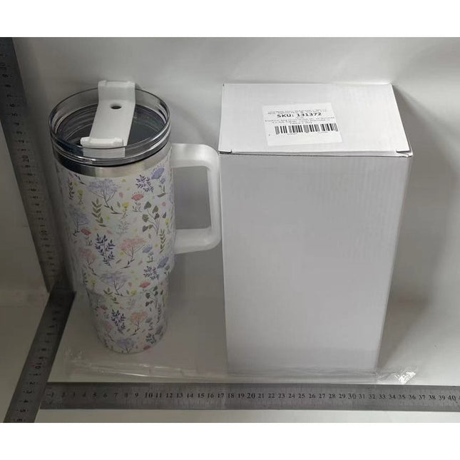 Cana Termos din Plastic, pentru Bauturi Calde si Reci, cu Maner, Imprimeu Floral