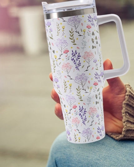 Cana Termos din Plastic, pentru Bauturi Calde si Reci, cu Maner, Imprimeu Floral