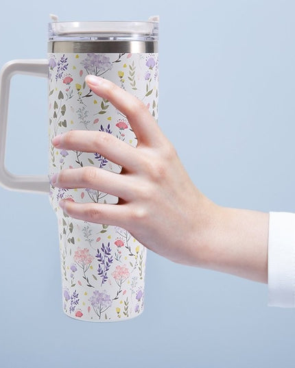 Cana Termos din Plastic, pentru Bauturi Calde si Reci, cu Maner, Imprimeu Floral