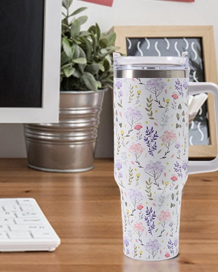 Cana Termos din Plastic, pentru Bauturi Calde si Reci, cu Maner, Imprimeu Floral