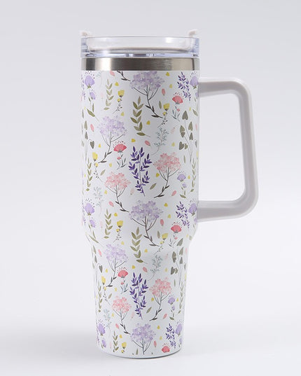 Cana Termos din Plastic, pentru Bauturi Calde si Reci, cu Maner, Imprimeu Floral