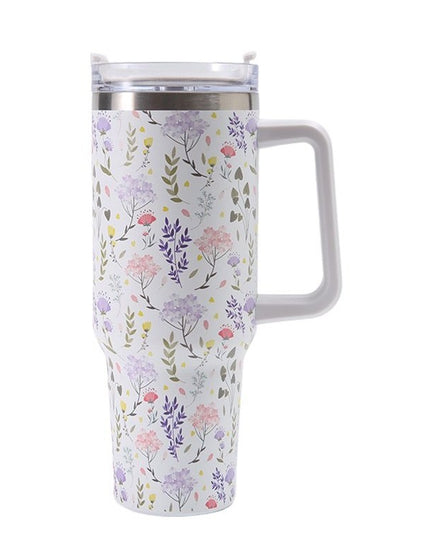 Cana Termos din Plastic, pentru Bauturi Calde si Reci, cu Maner, Imprimeu Floral