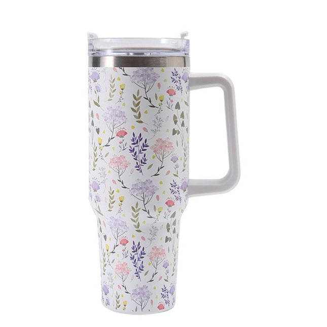 Cana Termos din Plastic, pentru Bauturi Calde si Reci, cu Maner, Imprimeu Floral