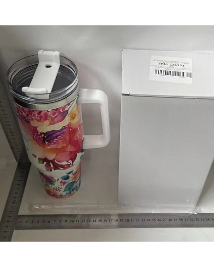 Cana Termos din Plastic, pentru Bauturi Calde si Reci, cu Maner, Imprimeu Floral, cu Mesaj pentru Mama