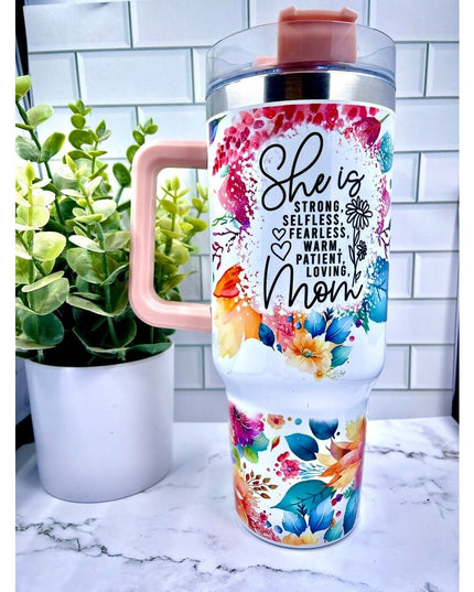 Cana Termos din Plastic, pentru Bauturi Calde si Reci, cu Maner, Imprimeu Floral, cu Mesaj pentru Mama