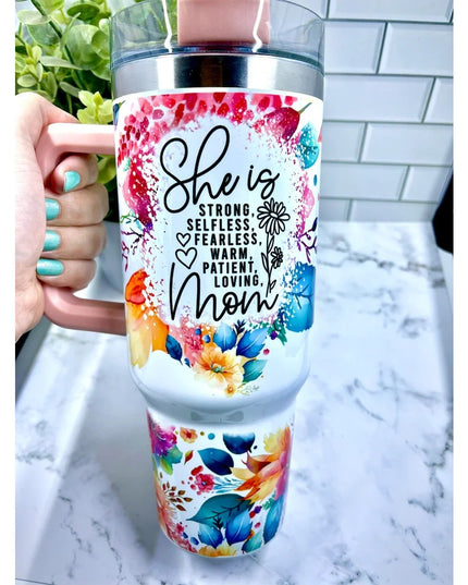 Cana Termos din Plastic, pentru Bauturi Calde si Reci, cu Maner, Imprimeu Floral, cu Mesaj pentru Mama