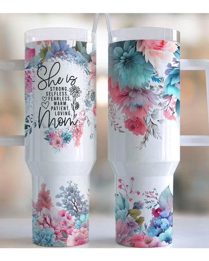 Cana Termos din Plastic, pentru Bauturi Calde si Reci, cu Maner, Imprimeu Floral, cu Mesaj pentru Mama