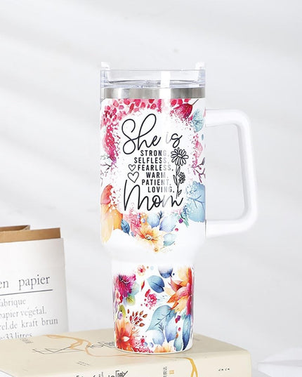 Cana Termos din Plastic, pentru Bauturi Calde si Reci, cu Maner, Imprimeu Floral, cu Mesaj pentru Mama