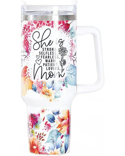 Cana Termos din Plastic, pentru Bauturi Calde si Reci, cu Maner, Imprimeu Floral, cu Mesaj pentru Mama