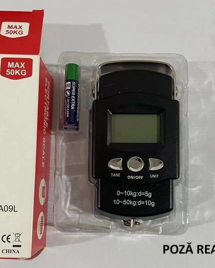 Cantar Digital de Mana cu Carlig, Cantar Portabil, Pescuit, cu Maner, Capacitate 50 kg, cu Metru Incorporat