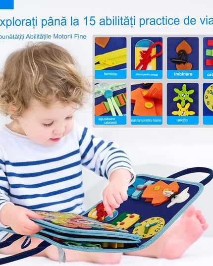 Carte Senzoriala Educativa Montessori, Dezvoltare Abilitati Motorii, 5 Pagini, Model Dinozauri, 28x22x7 cm
