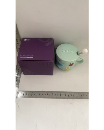 Cana ceramica, din Portelan, print Figurine Animalute, Cana penru Copii, Model CUTE, Cana cu Lingura si Capac, Ceasca pentru Cafea, Ceai, 400ml